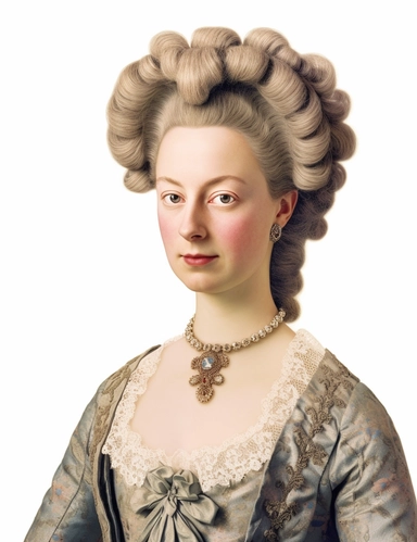 hasselblad 24 mm three quarters shot of a gorgeous realistic Queen Charlotte , clipart, Composition: Relaxed position with intricate high hairstyle, smiling, detailed natural skin, Style: Georgian Colonial, white background, hyperrealism, 32k