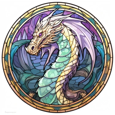 Gothic arched doorway window,minimalist stained glass-inspired artwork with an dragon within a circular shape, showcasing transparency, simplicity, and luminous light colors in a stained glass style clipart on a white background. light colors simlisistic design Translucent effects add enchantment to the dragon within the arched doorway window.