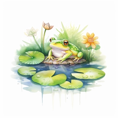 Watercolor Lily Pond Clipart - springtime cute lily pad and frog pond , white background, no text
