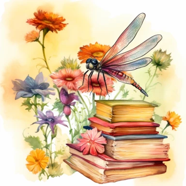 artwork in the style of cicely mary barker, clipart, whimsical watercolour illustration of a cute dragonfly and flowers, very colourful, watercolor clipart, book cover illustration, hyper HD