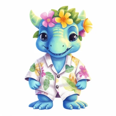 summer, cute Dinosaur wearing a Hawaiian shirt, cute pose, watercolor illustration for kids and children, clipart, sublimation, white background, brightly colored style, realistic color schemes, luminescent color scheme