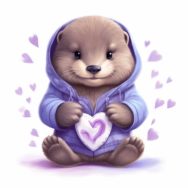 a shy baby otter in hoody Clipart, covered in hearts, Nursery summer Clipart, Easter Clipart, Crafting Digital Paper, purple and blue backlight Mother’s Day, white background