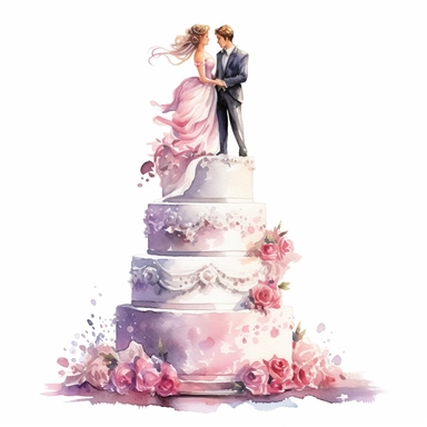 ultrarealistic hyperdetailed amazing detailed watercolor clip art of a beautiful wedding cake with a bride couple on top of the cake, white clean sharp focus, solid white background