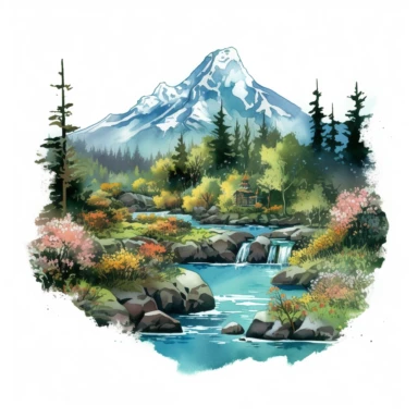 professional gouache hand-painted illustration of Mountain River in the middle surround by trees, flowers, plants, spring, focus on the mountain, Landscape clipart, hiking, nature, camping, white background, natural form, very detailed, deep colour, 8k