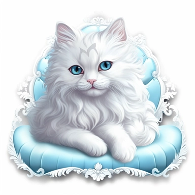 make a clipart of beautiful fairytale fluffy white victorian cat laying on a bright pastel blue pillow, white background