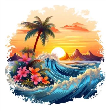 artwork majestic palm tree in digital painting style, beautiful flowers, sunrise mountain and clouds, big sea waves, water splashes, water splashes, white background, colorful fantasy flower surround, highly detailed clean, vector image, photorealistic master piece, professional photography, realistic, flat white background, isometric, vibrant vector, clipart, illustration, realism, 4k, cinematic, front view, white background