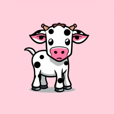 A simplistic SVG-style clipart of a charming cartoon cow front pose. The cow features a minimalistic design with its characteristic black and white spots and a dash of pink for its mouth. This adorable cow, with its large, bright eyes, and a small pair of horns, is designed using bold outlines and flat colors, emulating the simplicity of MS Paint creations. The design exudes innocence and playfulness, making it a perfect, uncomplicated representation of a cute cartoon cow.