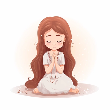 little girl with long light brown hair, from the side, first holy communion, girl kneeling with holy beads in hand and hands in a praying gesture clipart vector white background
