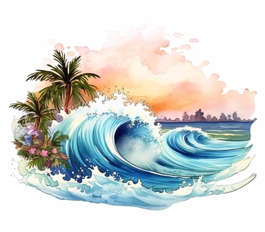 Cute Beautiful Wave Beach Tropical Watercolor Sublimation Clipart,Cartoon, hyper realistic, intricate detail, illustration style,high solution,on the white background , 32k resolution, ultra high definition