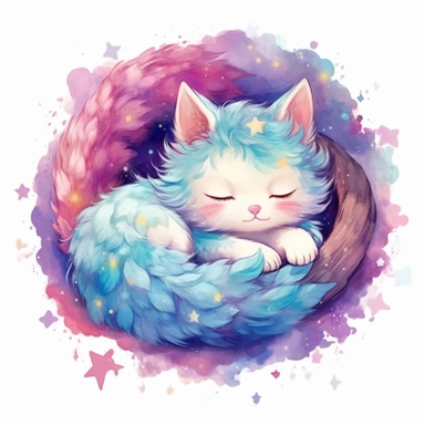 A drawing of a sleeping cat in a basket with stars.