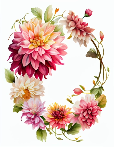 detailed vibrant watercolor pink dahlia flower brunswick wreath with very wide middle white space , isolated on white background, realistic, clipart