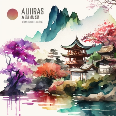 watercolor clipart colourful Asia landscapes, digital illustration, 8k, hd 1:3 v5