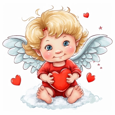 a happy cute little angel cupid a two year old, red heart in hands, style by Lusy Fleming, folk art, watercolor, clipart elements, smooth gradients, black contour outline, ultra detailed, white background, super clear, high quality