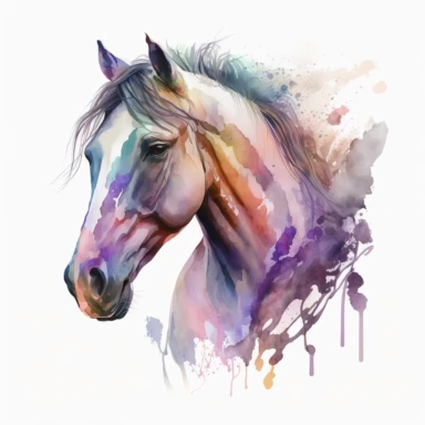 a watercolor clip art style portrait of a horse. The horse should be positioned at a three-quarter angle with its head turned slightly towards the viewer. Use bright, vibrant colors and loose, flowing brushstrokes to create a sense of movement and energy. Include details such as the horse's mane and tail, and add a subtle background of abstract shapes to enhance the composition.