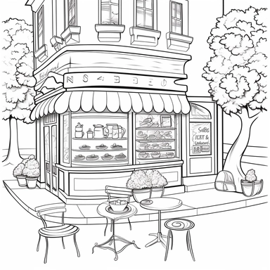 coloring book page, bakery windows,clipart,image of cute bakery,coffee shop,simple and cute,tree on side,bench infront,with awning,for watercolor painting,clean and simple line art for decorative painting