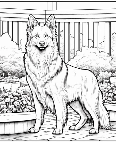 expert coloring page style of realistic Belgian Tervuren Dog breed Clipart, simple garden background, simple line art, line is crisp and clean, easy to color, masterpiece