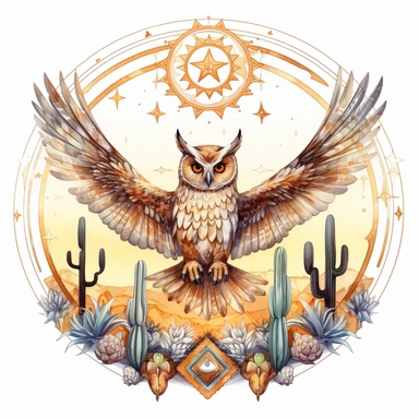 Watercolor clipart of flying owl with intricate sacred geometrical patterns, mystic cosmic atmospherical night sky background, watercolor realistic desert landscape with cactus in the golden hour, circle shaped frame, white background, very detailed , Cartoon,hyper realistic, intricate detail, illustration style,high solution,on the white background