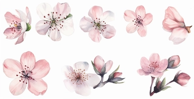 watercolor flowers, cherry blossom in different positions, single flower bloom, clipart, delicate markings, ornamental details, realistic