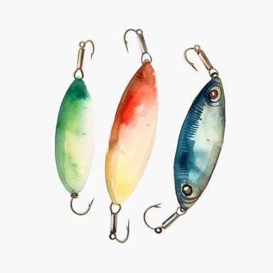 Watercolor fishing lure clipart, white isolated background, space out, hd