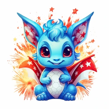 illustration of cute baby dragon in red white and blue american flag colors, fireworks, 4th of july, clipart svg, white background