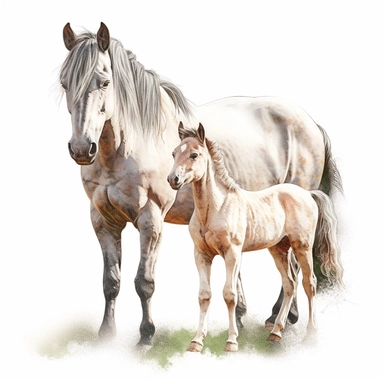 andalusian horse and foal in the style of digital airbrushing realistic yet stylized, digitally enhanced, clipart, 32k uhd, detailed crosshatching white background