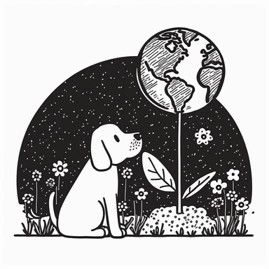 planet earth vector retro line-art doodle, earth day, flowers growing out of earth, and a dog sitting on earth, vector illustration 2d flat, cute, clipart, flat, 2d vector, minimalist, black and white, cartoon, svg cut file, line art drawing