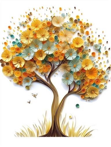 africa accacia tree art of quilling clipart, gold and glory pastel mute soft colors, illustration, white solid background,