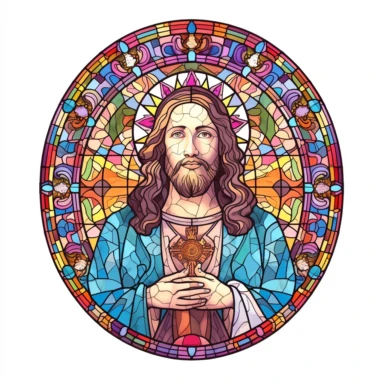 Beautiful Stained glass Jesus Sublimation Clipart,Cartoon, hyper realistic, intricate detail, illustration style,high solution,on the white background