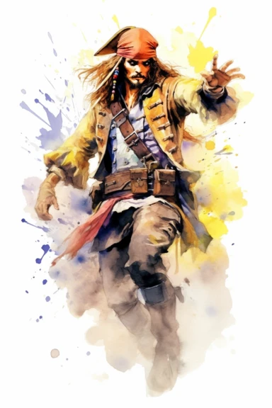 Clipart style, full-body figure of Jack Sparrow fighting, disney cartoon characters, low detailed, aquarel painting style, volume and bright colors, white background