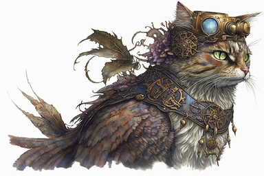 watercolor clipart, A beautiful cat with a steampunk-style mechanical bird on its shoulder, hd, on white background,