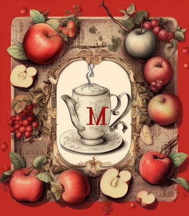 apple clipart letter m, in the style of muted tones, surrealism, detailed background elements, pictorial fabrics, red and beige, kitchen still life, surrealism-inspired, артур скижали-вейс