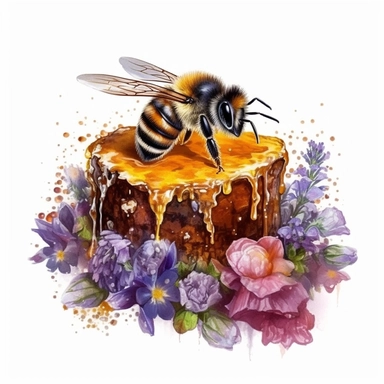 Fluffy Bumblebee on a bee hive with fresh wildflowers, dripping honey, highly detailed, acrylic paint, 16k, realistic, isolated on a white background, clipart