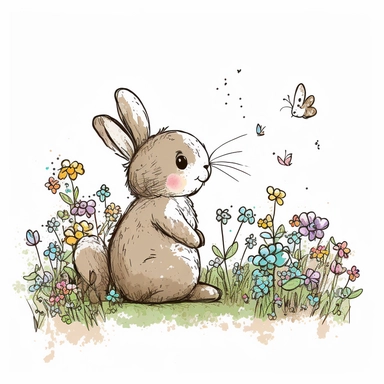 https:funny comic drawn sketch cartoonish cute rabbit on white background, add some easter eggs, artistic painting, easter spring scene, add some flowers, add some butterflies, spring vivid colors, watercolor, clipart, 2d, sketch style, no text, no logo