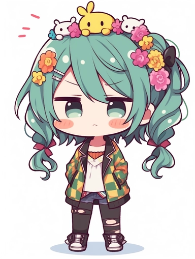 cute anime chibi girl, chic style, green hair, upbeat attitude, clipart, no background