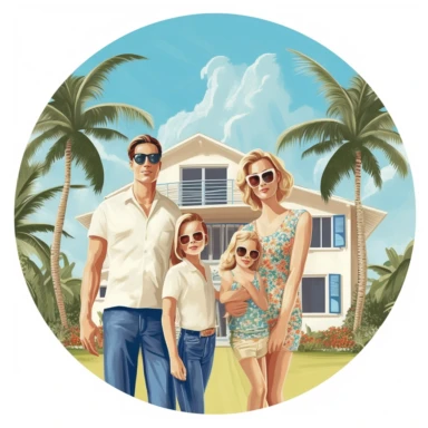 simple clipart of an attractive white couple, both slim, both wearing sunglasses, with their 3 beautiful children, standing in front of a small historic house in Palm Beach, Florida, similar to the iconic image used on the J. Peterman catalog, make the image so it is oval, like an icon type image