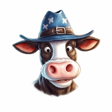 funny cow with cowboy hat sublimation clipart, hd, detail, illustration style, high solution, on the white background