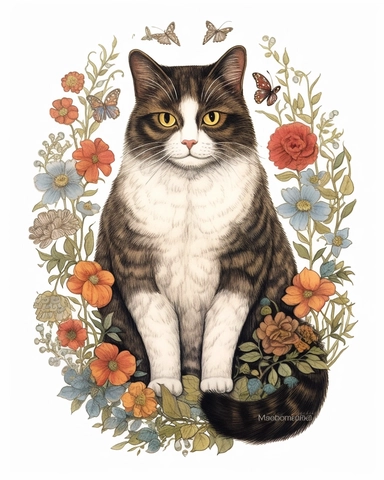 folk art clip art, colored chalk rendering, smiling, brown, white and black calico cat in center, full body perspective, with flowers, roses, leaves, pods on a clean white background, extra textured painting,