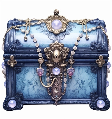 realistic watercolor clipart, an antique jewelry chest with large pearls, marie antoinette-inspired, in the style of hyper-detailed illustrations, nintencore, kushan empire, symbolist mystery, d&d, packed with hidden details, light red and dark azure, clear lines, no background