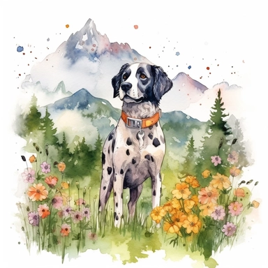 Painting and Illustration Watercolor Print Picture of a Huge Dog Walking in the Woods and Flowers Around Him and the Mountain Behind Him Wall Art Clipart Printable Art Watercolor Painting Watercolor Appaloosa Mountain Dog Art Udal Art for Commercial Use