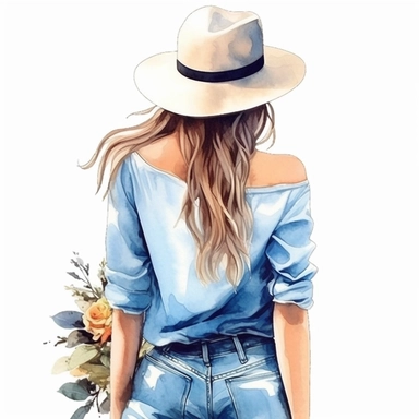 Girl in hat with pigtail, girl back in blouse and jeans, fashion girl summer, instant download, fashion girl clipart, follow your dreams
