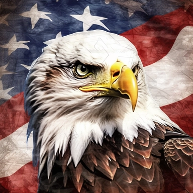 clipart American flag with a bald eagle flying, red white and blue, focus on texture, dark tones