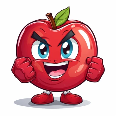 digital sticker, cute red apple mascot character, strong use of color, cartoon clipart, vector, white background