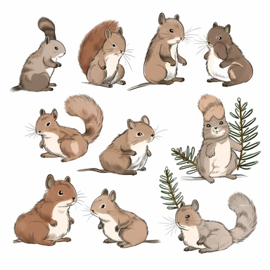 15 squirrels, pine needles, pine trees Clipart. Ink style, cute children book style