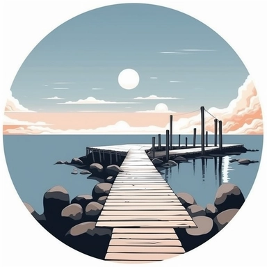 clipart picture of a dock, shore of beach, white clean edged circular background, clean lines and edges
