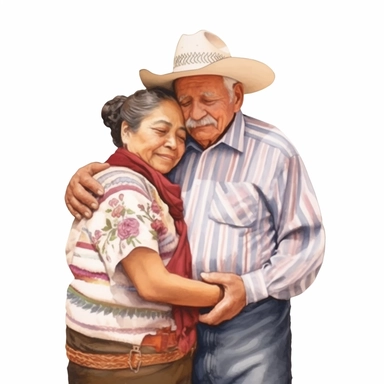 Latina grandma embracing grandpa, Mexican grandparents hugging, illustration clipart, high detail, white background, digital art, watercolor,