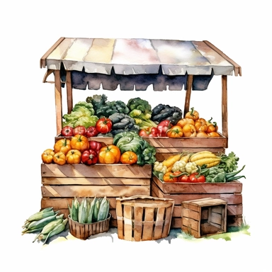 watercolor colorful clipart of a bountiful farmer's market, hd, on white background