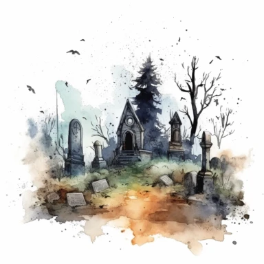 mystical horror watecolor cemetery clipart, hd 4k, detailed, focused, isolated on white background