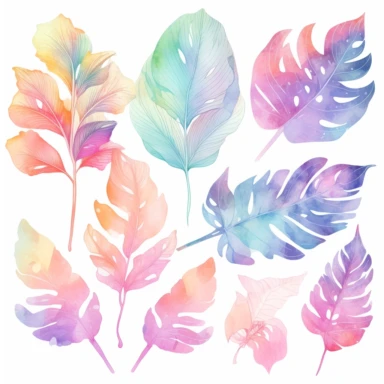 soft colorful neon pastel colored big leaves and flowers clipart set, colorful fairy pastel colors watercolor style, plain white background, use of fabric, intricate depth of shading in soft watercolor style, watercolor--v 4