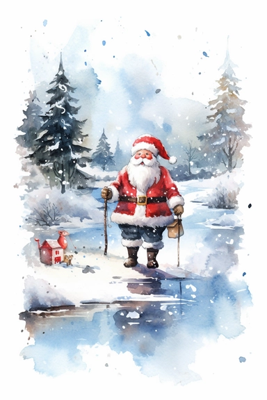 christmas theme Watercolor Cute santa claus wearing red & blue Clipart Collection in beautiful winter landscape with a lot of snow and a small lake, christmas theme, detailed, isolated, white background, one pattern,