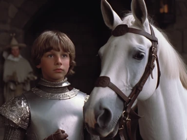arthur as a young squire is walking next to a white horse, medieval clothing, vhs clip of 1981 movie the grail, in the style of home video, still frame